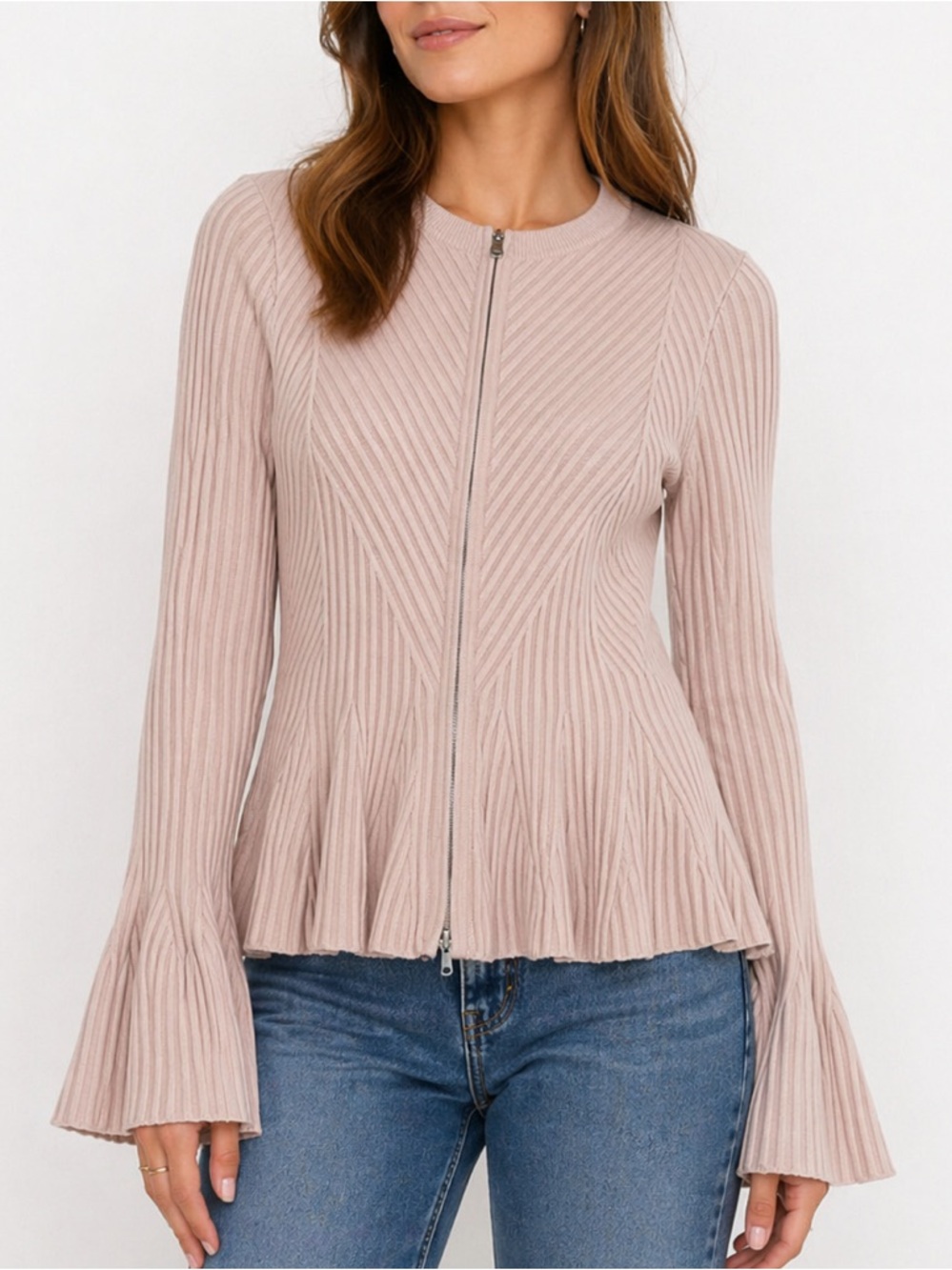 Jonathan Simkhai Ribbed Zip Front Peplum Cardigan Bell‎ Sleeve Small